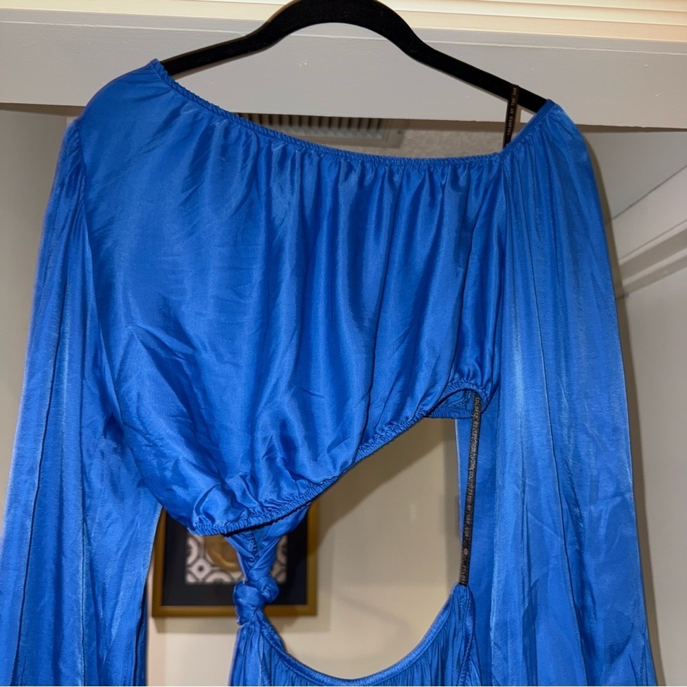 Farm Rio Blue Satin Long Sleeve Cut Out Knot Royal Blue Midi Dress Sz Small NWT - Picture 10 of 16
